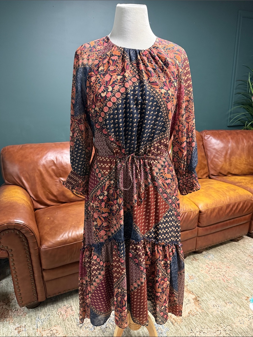 Vince Camuto Rust & Navy Patchwork Midi Dress